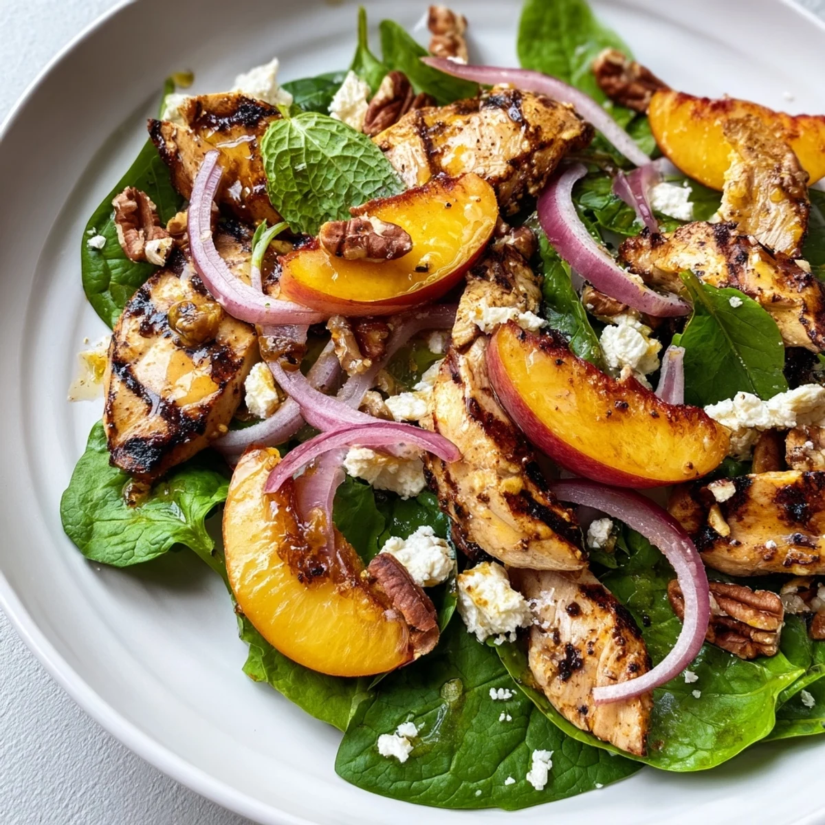 Bright summer Grilled Peach and Spinach Chicken Salad topped with toasted pecans and fresh mint