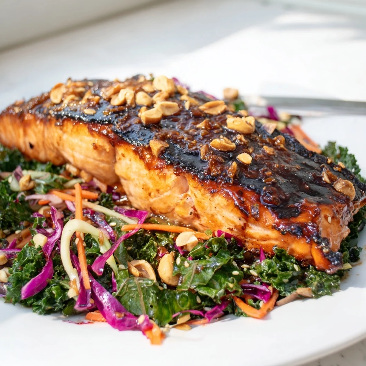 Caramelized miso maple salmon fillet resting on a bed of colorful sesame kale slaw