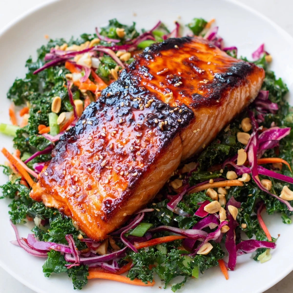 Crispy-edged miso maple salmon with glistening glaze paired with vibrant dressed sesame kale slaw