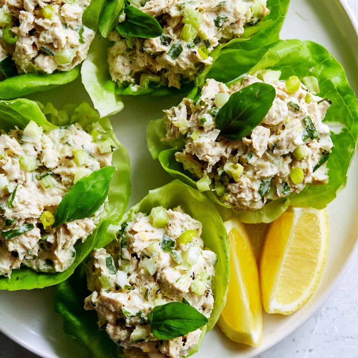 Creamy cottage cheese lemon basil tuna salad cups nestled in crisp butter lettuce leaves