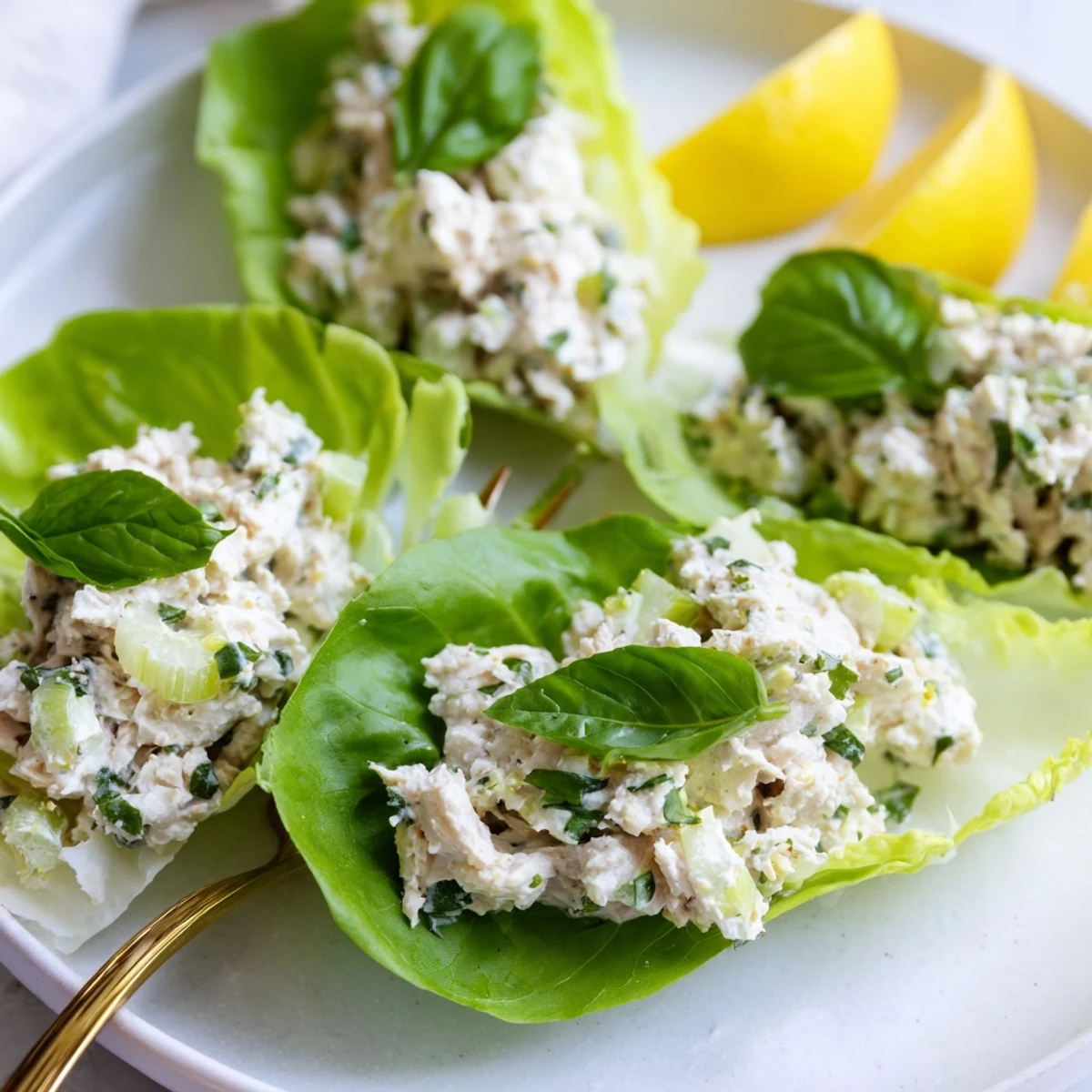 Cottage cheese lemon basil tuna salad cups garnished with fresh basil and lemon wedges