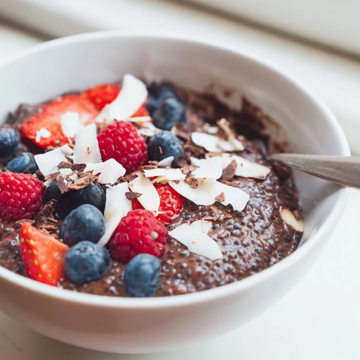Creamy chocolate almond coconut berry protein chia cream topped with fresh berries and shaved dark chocolate