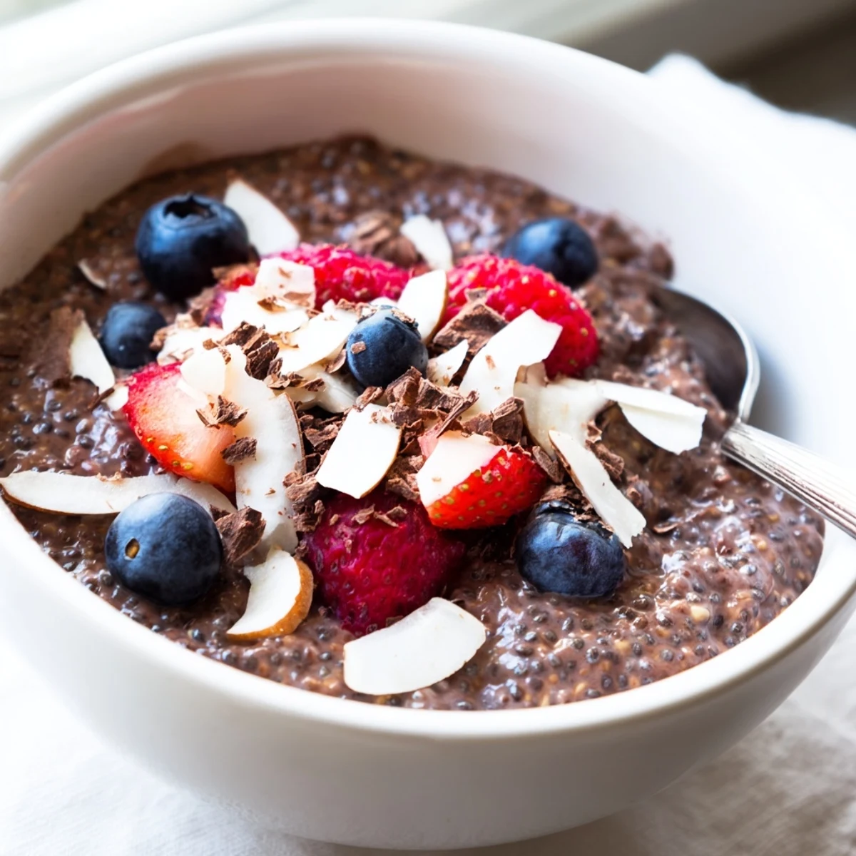 Thick chocolate almond coconut berry protein chia cream in a glass layered with sliced almonds