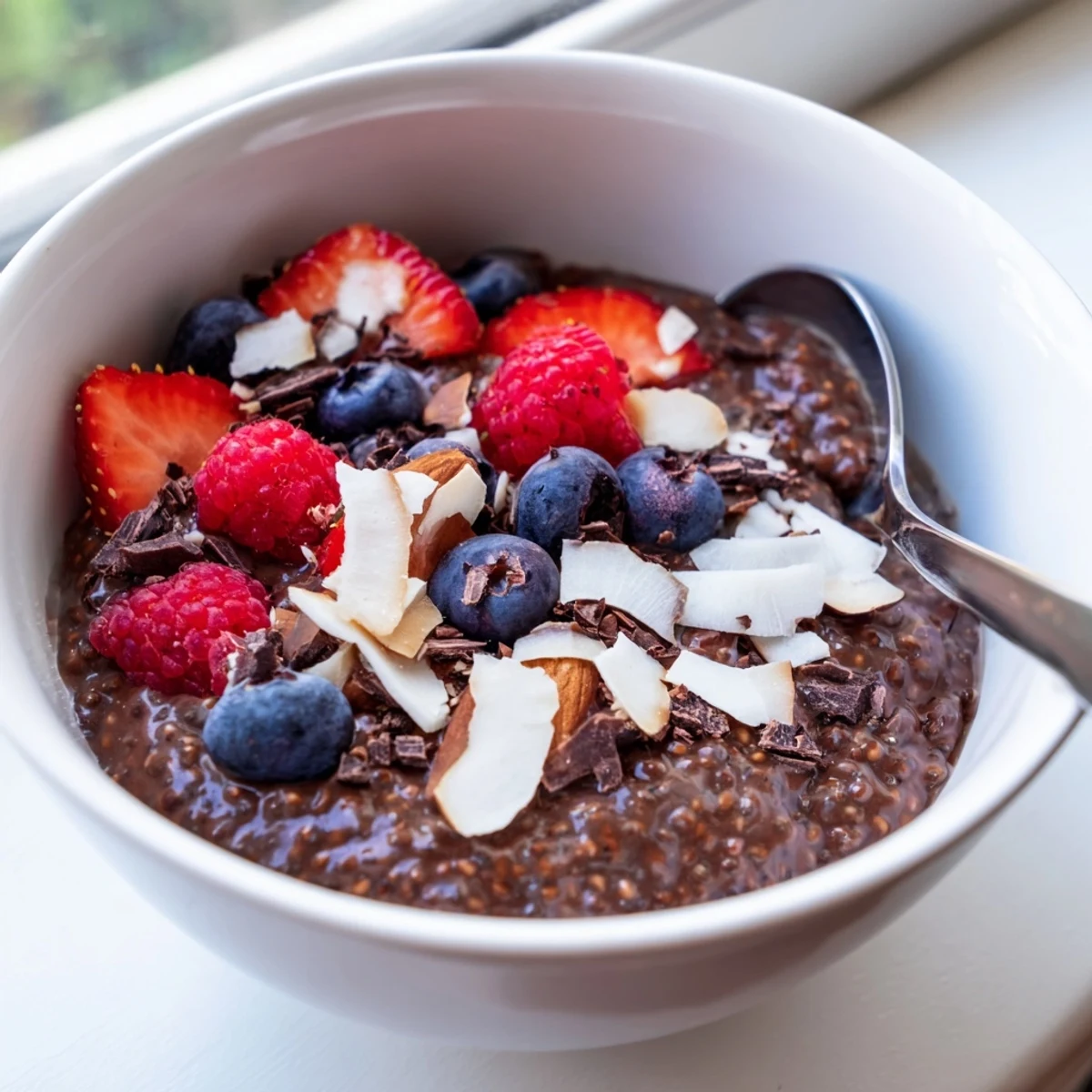 Luscious chocolate almond coconut berry protein chia cream swirled with shredded coconut and ripe raspberries