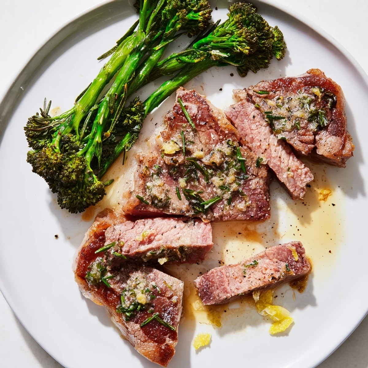 Juicy garlic herb steak with roasted broccolini plated on a rustic white dish