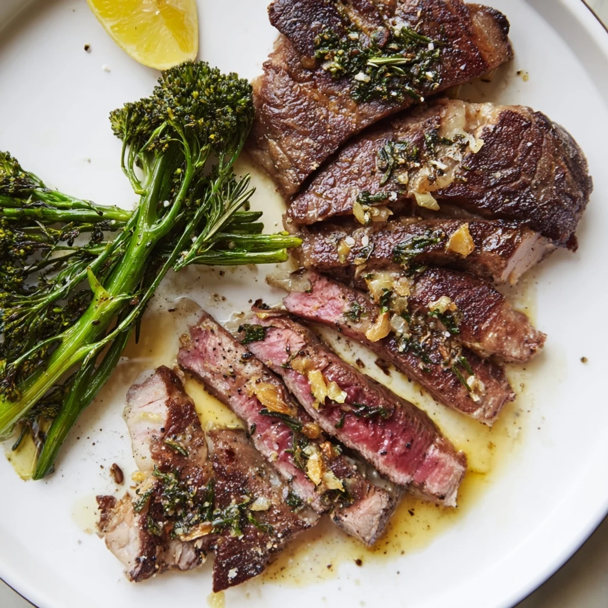 Pan-seared garlic herb steak resting alongside charred broccolini with fresh lemon wedges