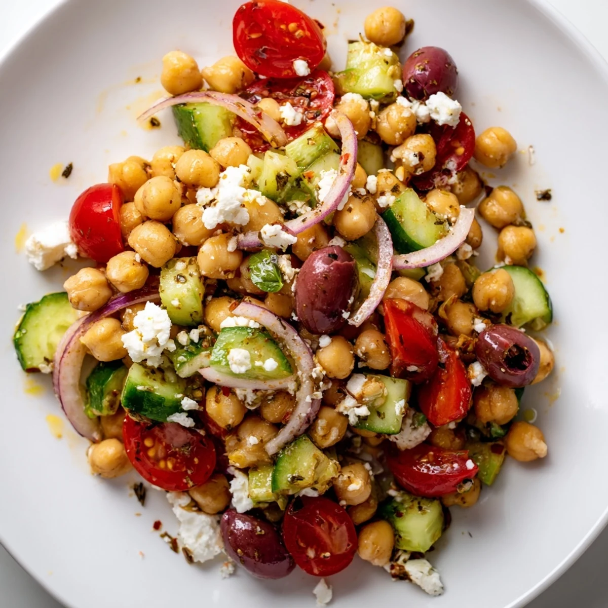 Creamy chickpeas and juicy tomatoes glisten with lemon dressing in this Mediterranean salad