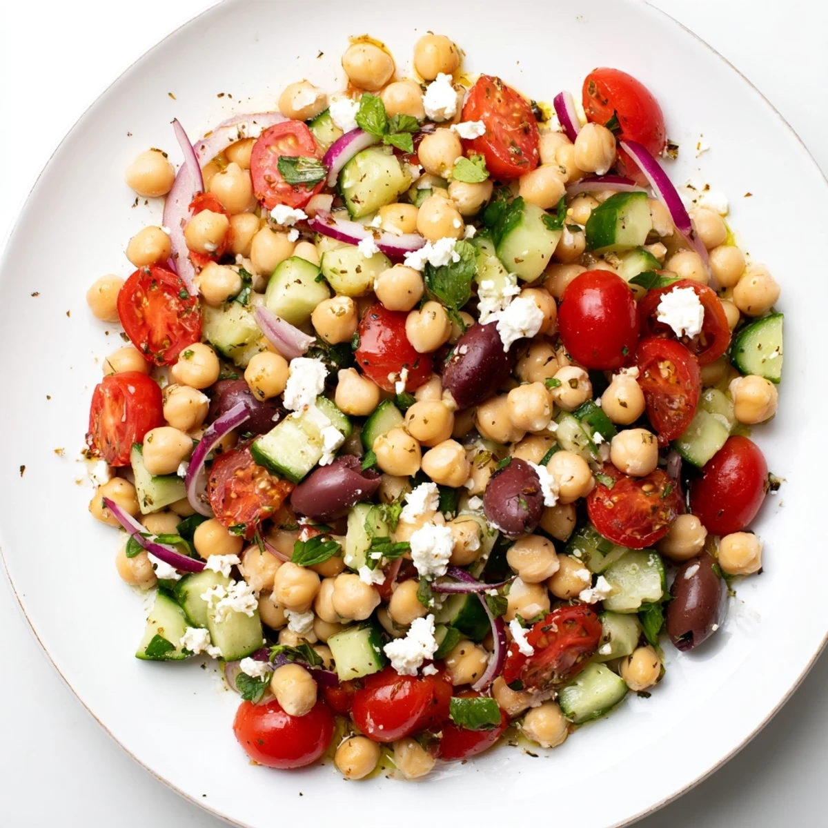 Crisp cucumbers and fragrant basil top a vibrant chickpea tomato salad bowl