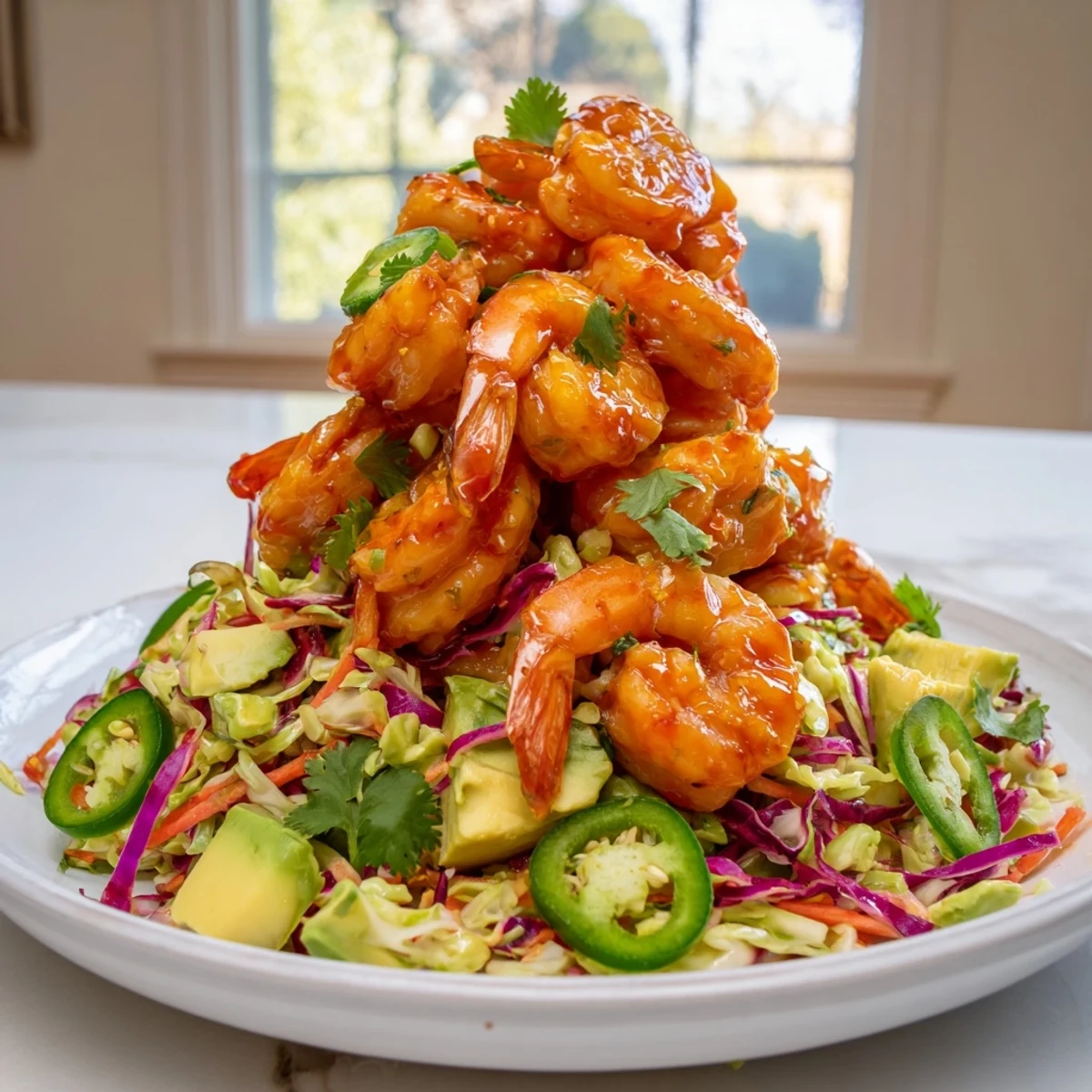 Golden spicy pineapple shrimp glazed and sizzling over a bed of crisp lime avocado crunch slaw