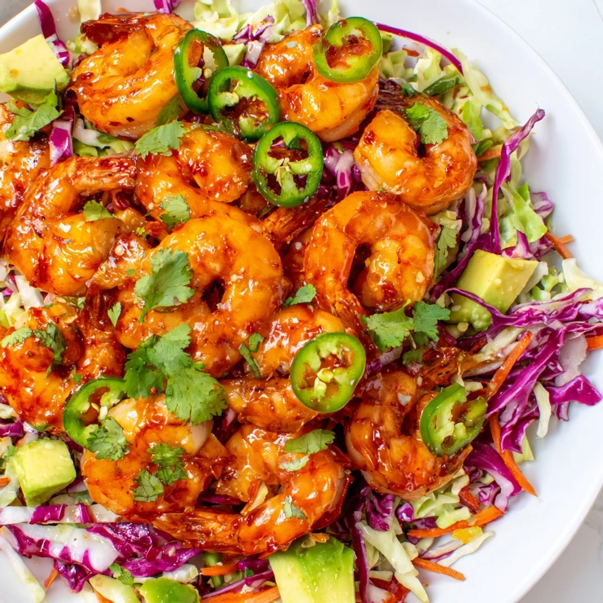 Succulent spicy pineapple shrimp piled high on vibrant cabbage slaw with creamy avocado chunks