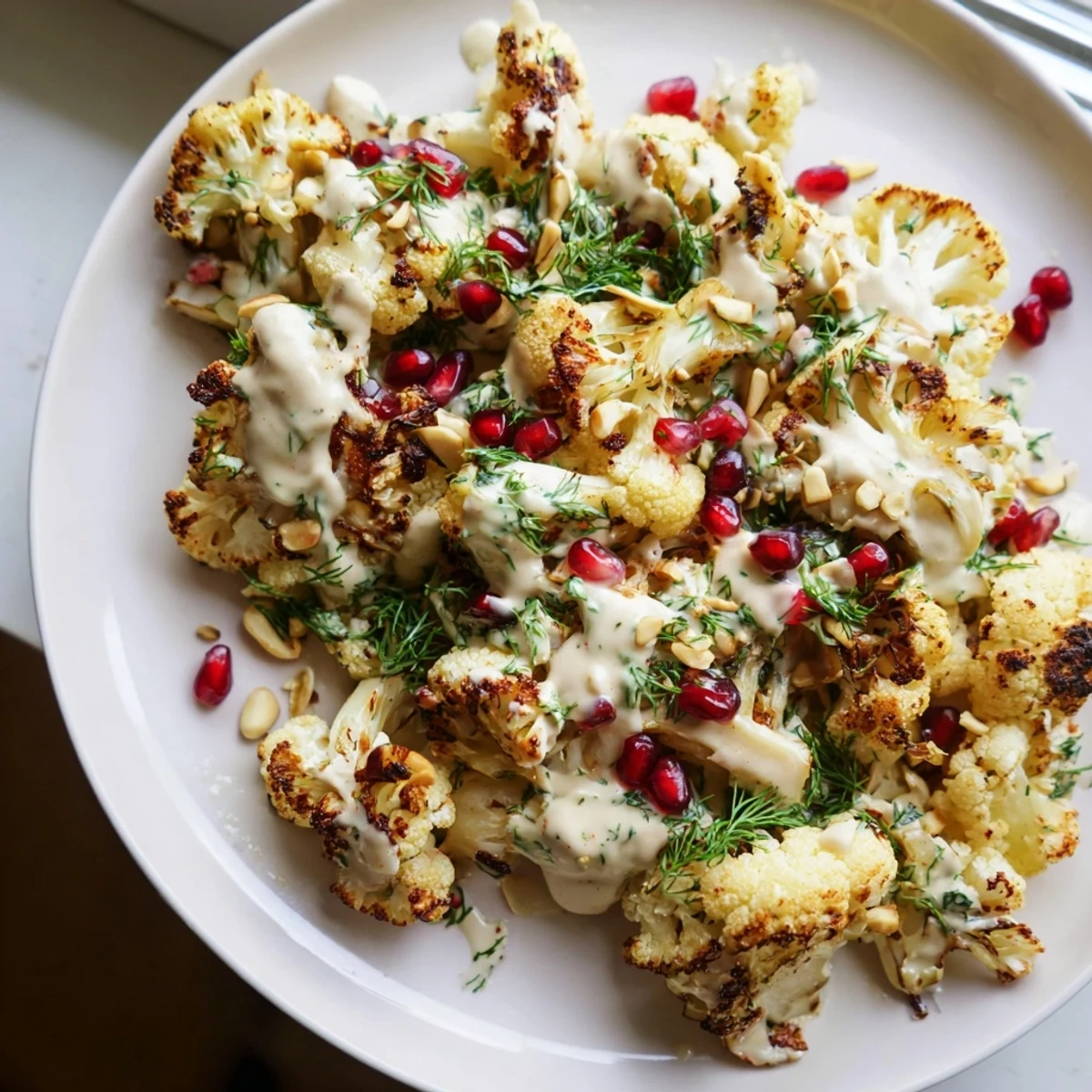 Golden roasted cauliflower with lemon herb tahini drizzle on a rustic serving platter