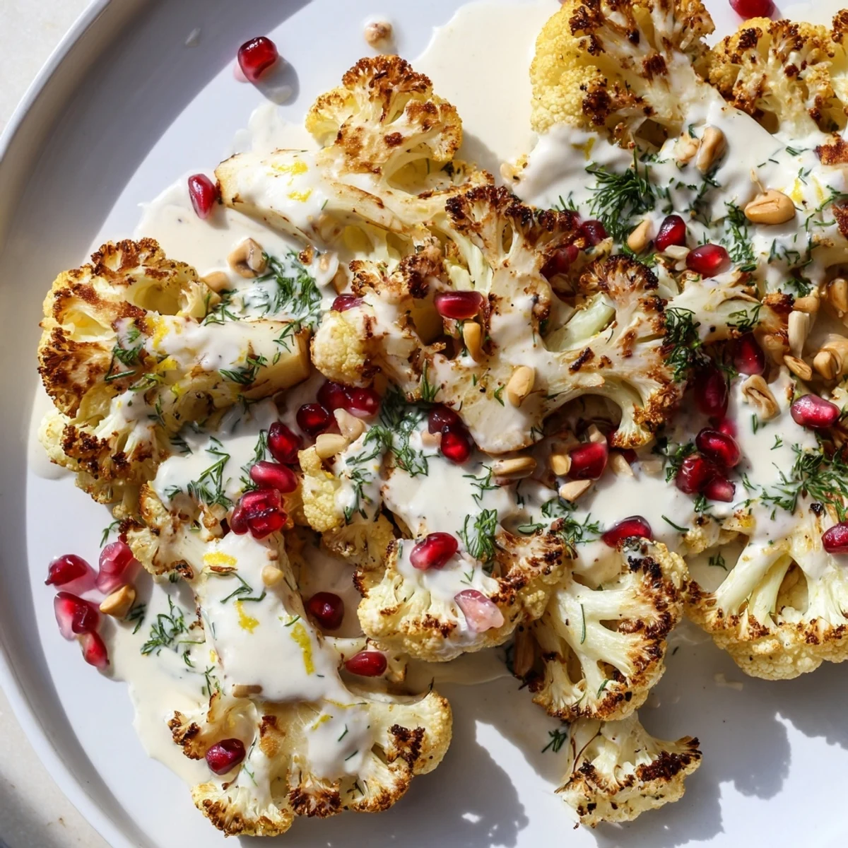 Tender caramelized roasted cauliflower with lemon herb tahini drizzle garnished with fresh herbs