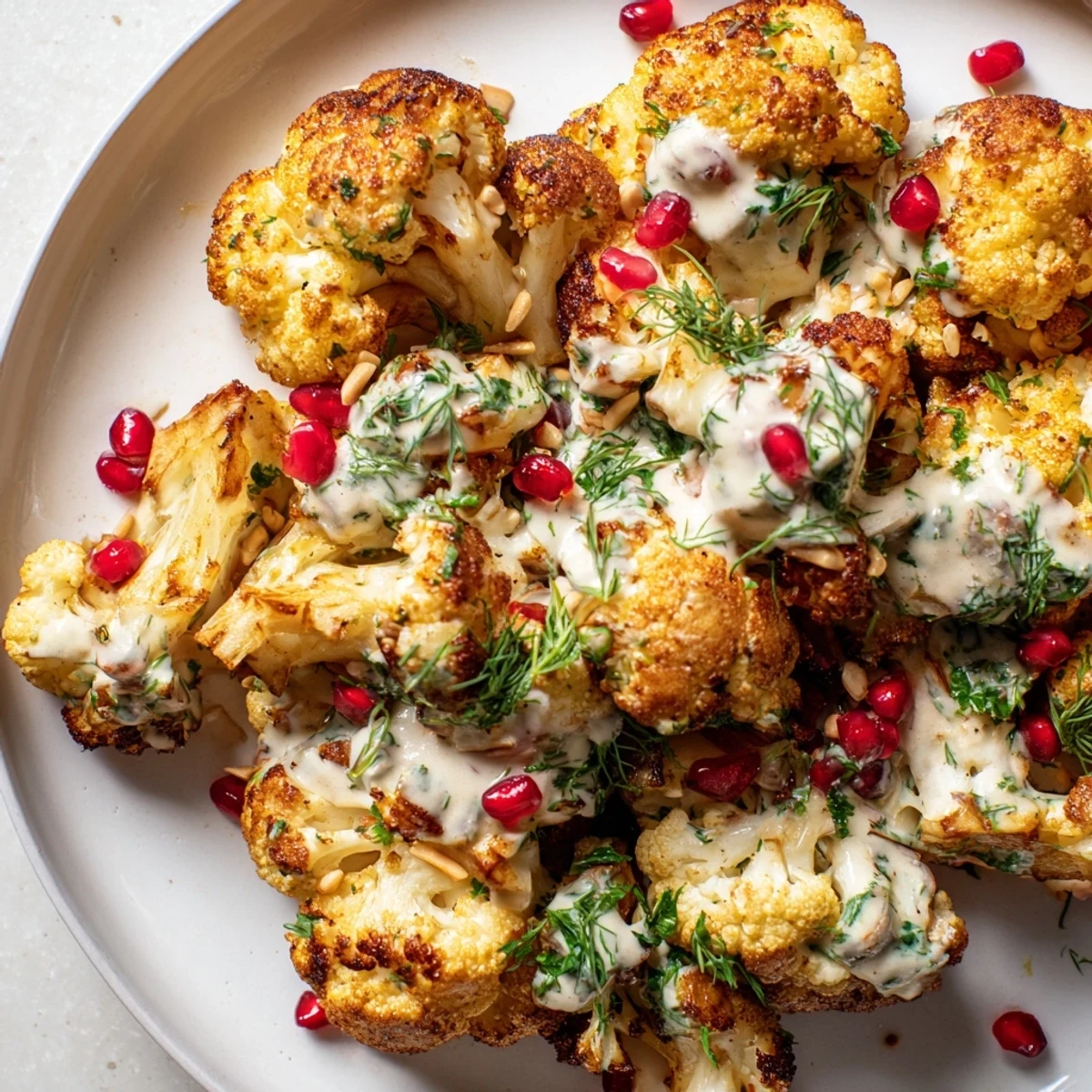 Crispy spiced roasted cauliflower with lemon herb tahini drizzle topped with pomegranate seeds