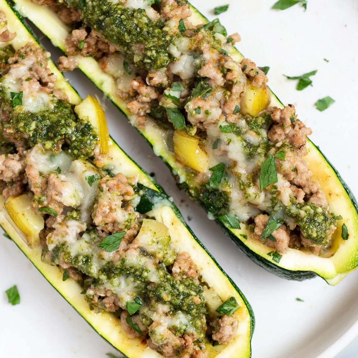 Golden baked pesto turkey zucchini boats topped with melted Parmesan and fresh herbs on a rustic dish