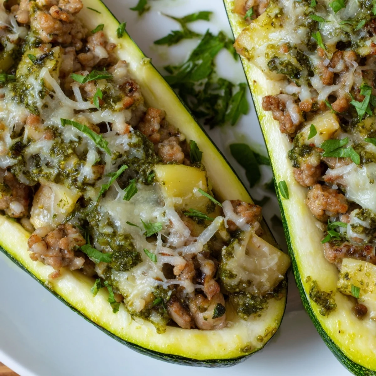 Savory ground turkey and mushroom filling overflows from tender roasted zucchini boats drizzled with bright pesto