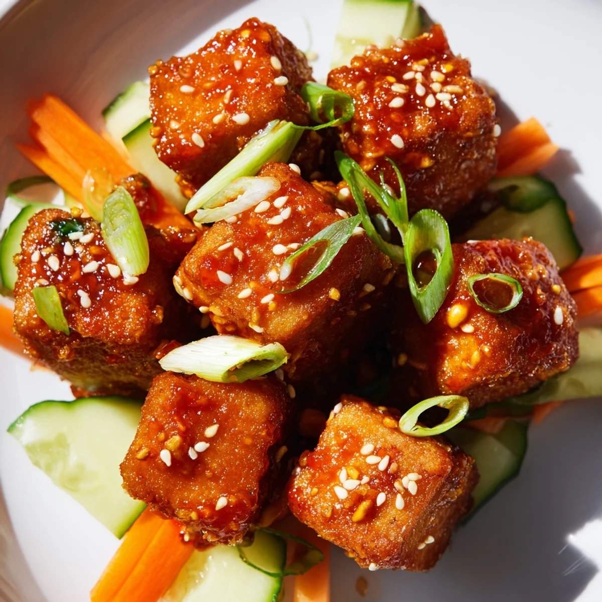 Golden crispy chili garlic tofu cubes drizzled with sticky sauce on cool sesame cucumbers