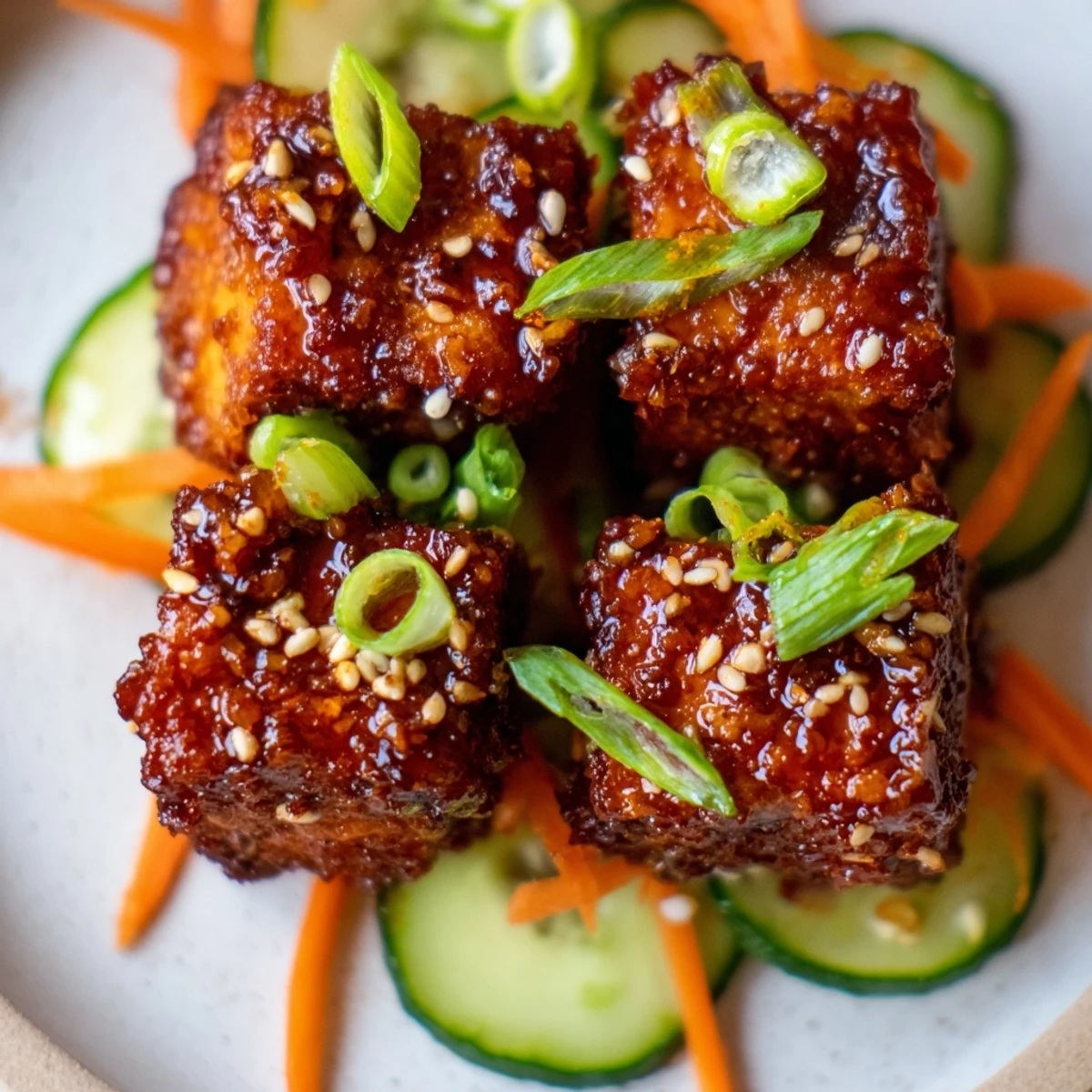 Pan-fried chili garlic tofu glistening in spicy glaze atop a crisp sesame cucumber salad