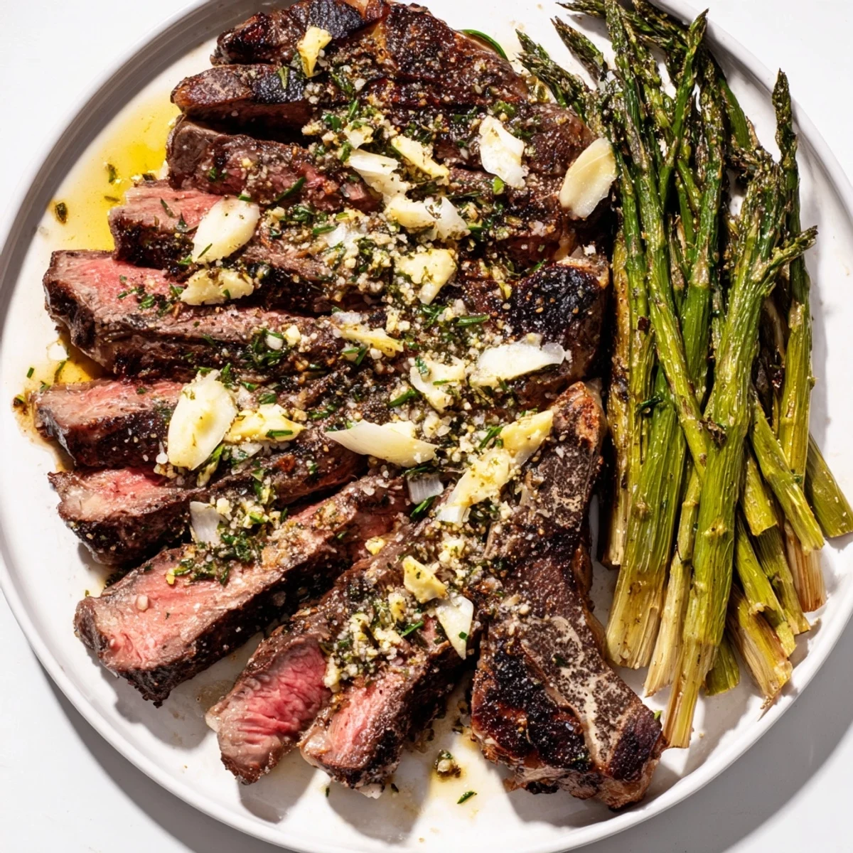 Pan-seared garlic herb steak paired with tender roasted asparagus and bright lemon wedges