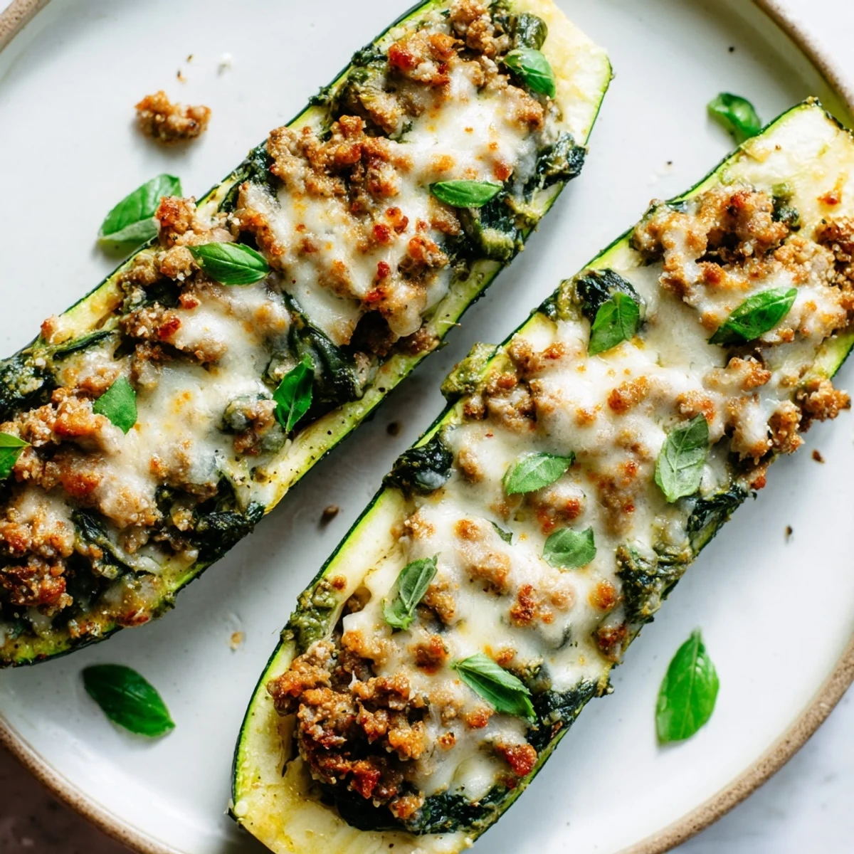 Golden baked pesto turkey and spinach zucchini boats topped with melted mozzarella and fresh basil