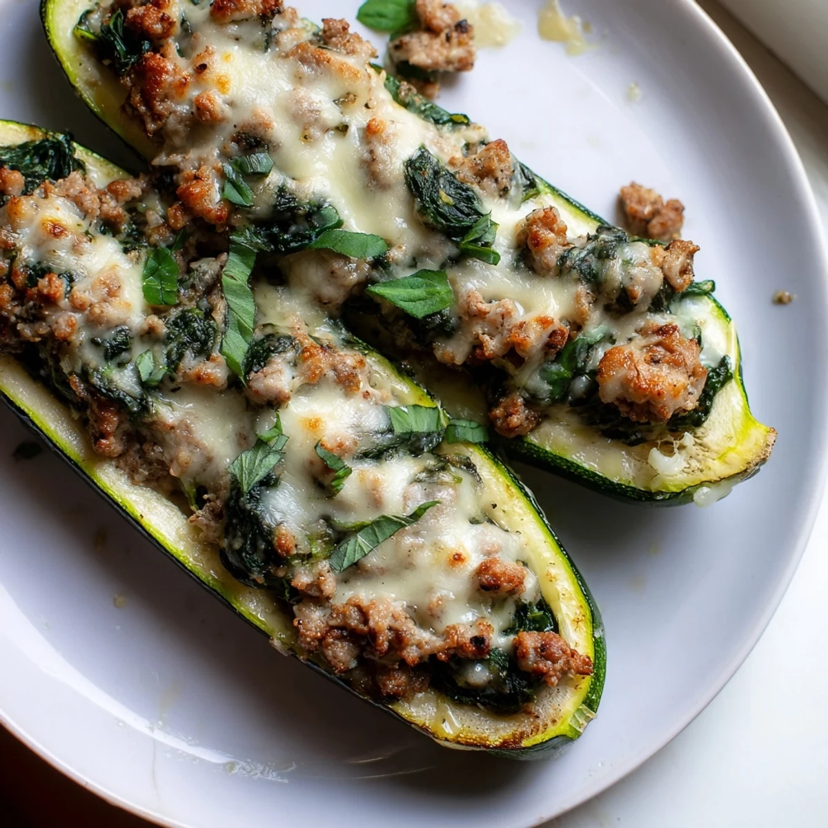 Basil pesto turkey and spinach zucchini boats served hot with bubbly melted cheese garnished with basil leaves