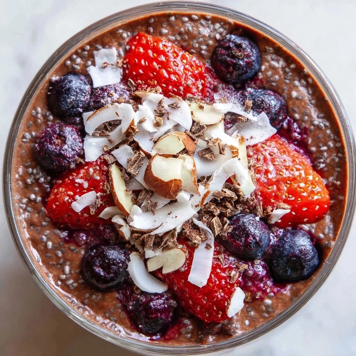 Creamy chocolate almond coconut berry protein chia cream layered with fresh strawberries and blueberries in a glass