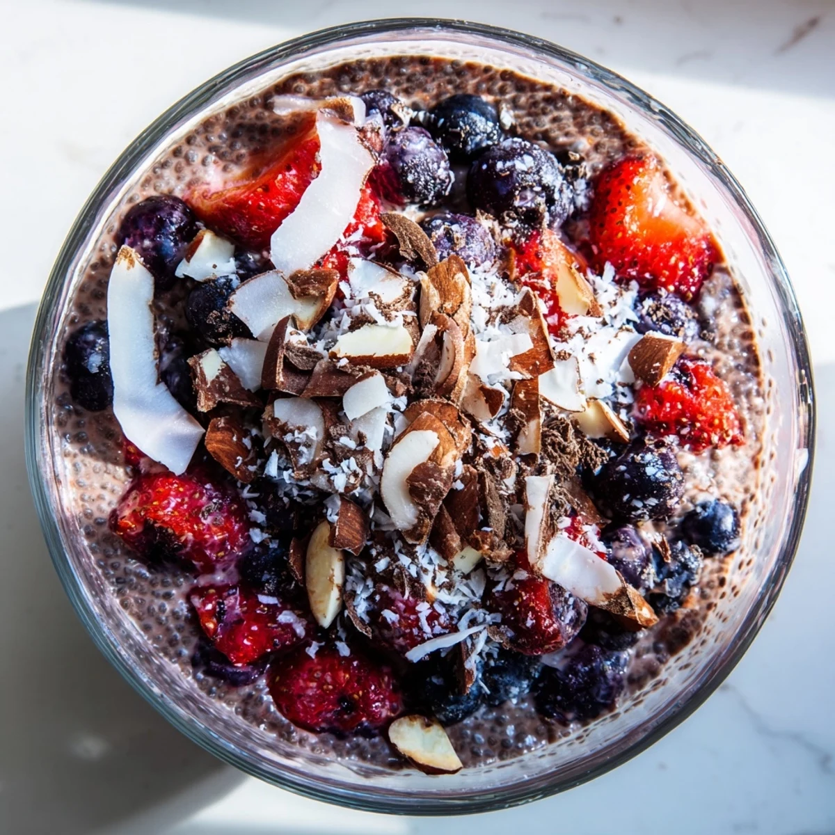 Rich chocolate almond coconut berry protein chia cream topped with toasted almonds and dark chocolate shavings