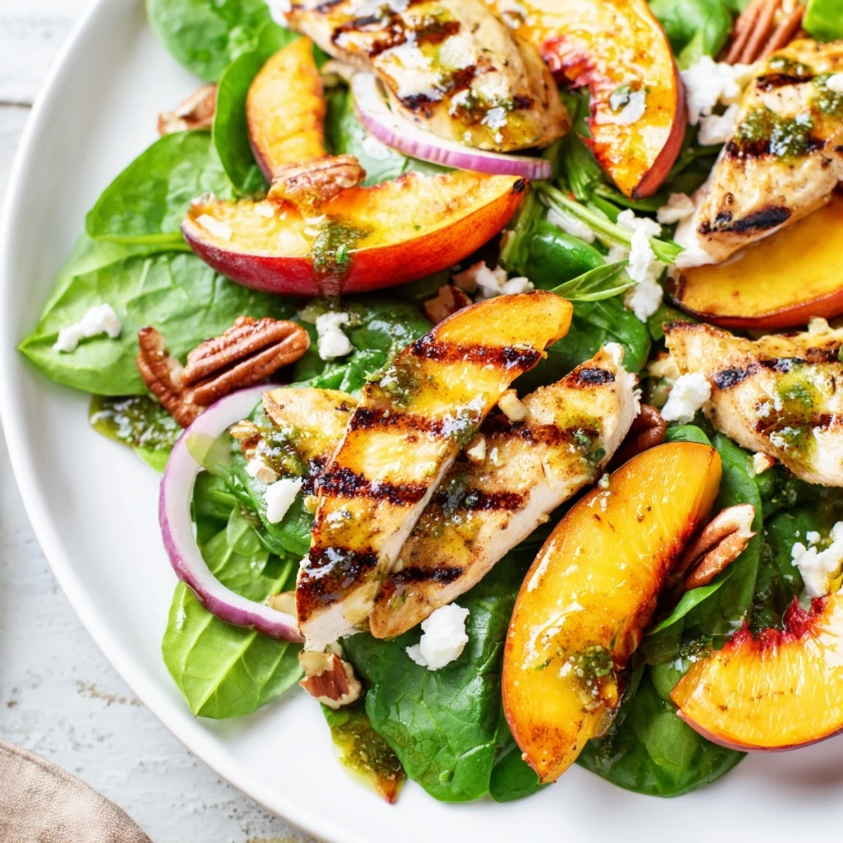 Grilled Peach and Spinach Chicken Salad drizzled with bright basil mint vinaigrette on a rustic plate