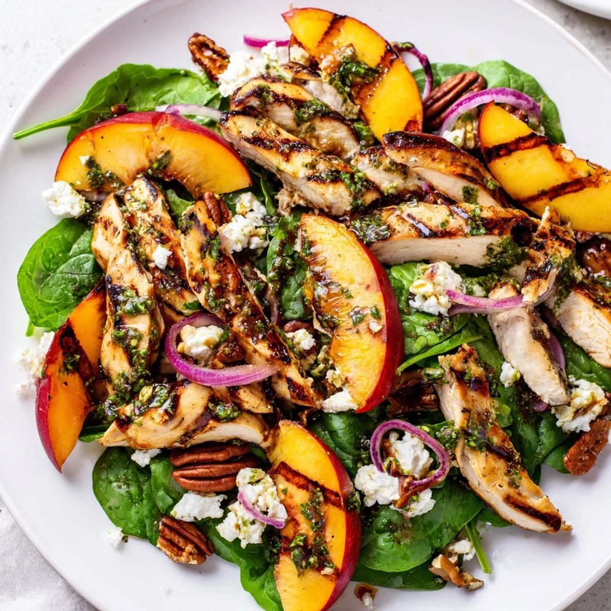 Juicy grilled peaches top this vibrant Grilled Peach and Spinach Chicken Salad with crumbled feta