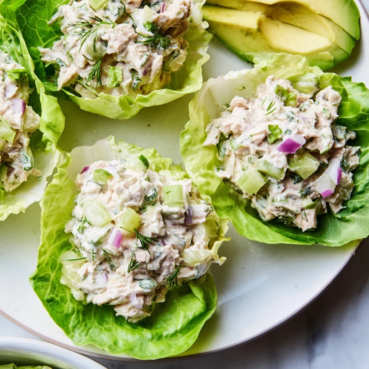 Tuna salad with cottage cheese and fresh herbs spooned into crunchy lettuce leaves