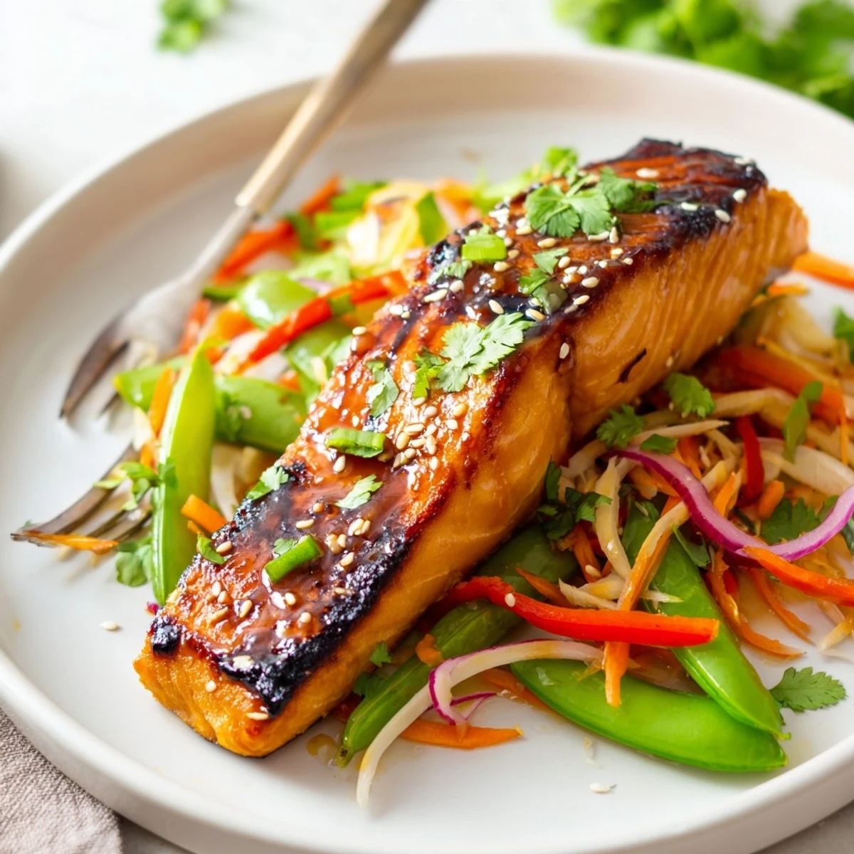 Glossy miso maple salmon with vibrant sesame snap pea slaw on a rustic plate