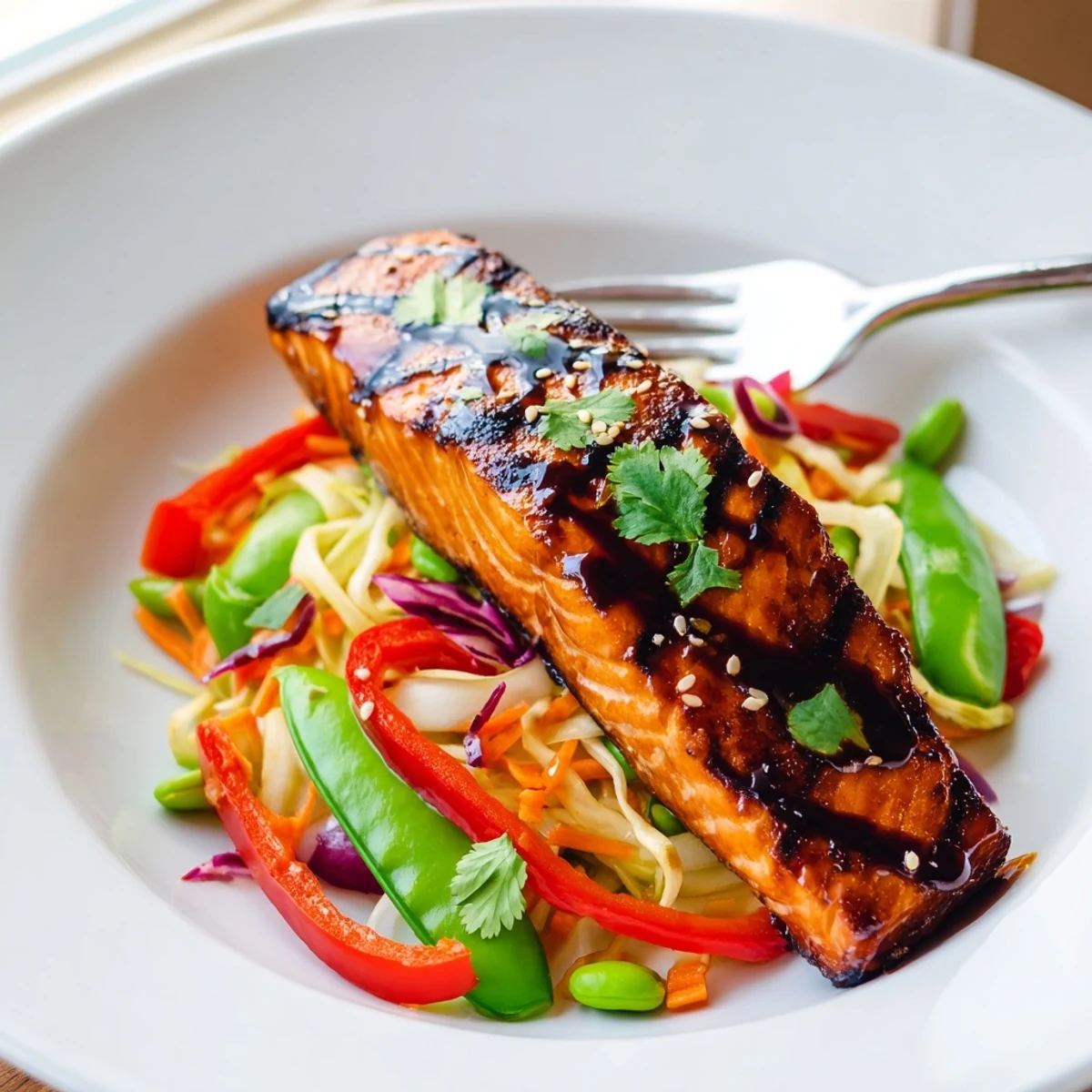 Caramelized miso maple salmon fillets served over bright sesame snap pea slaw
