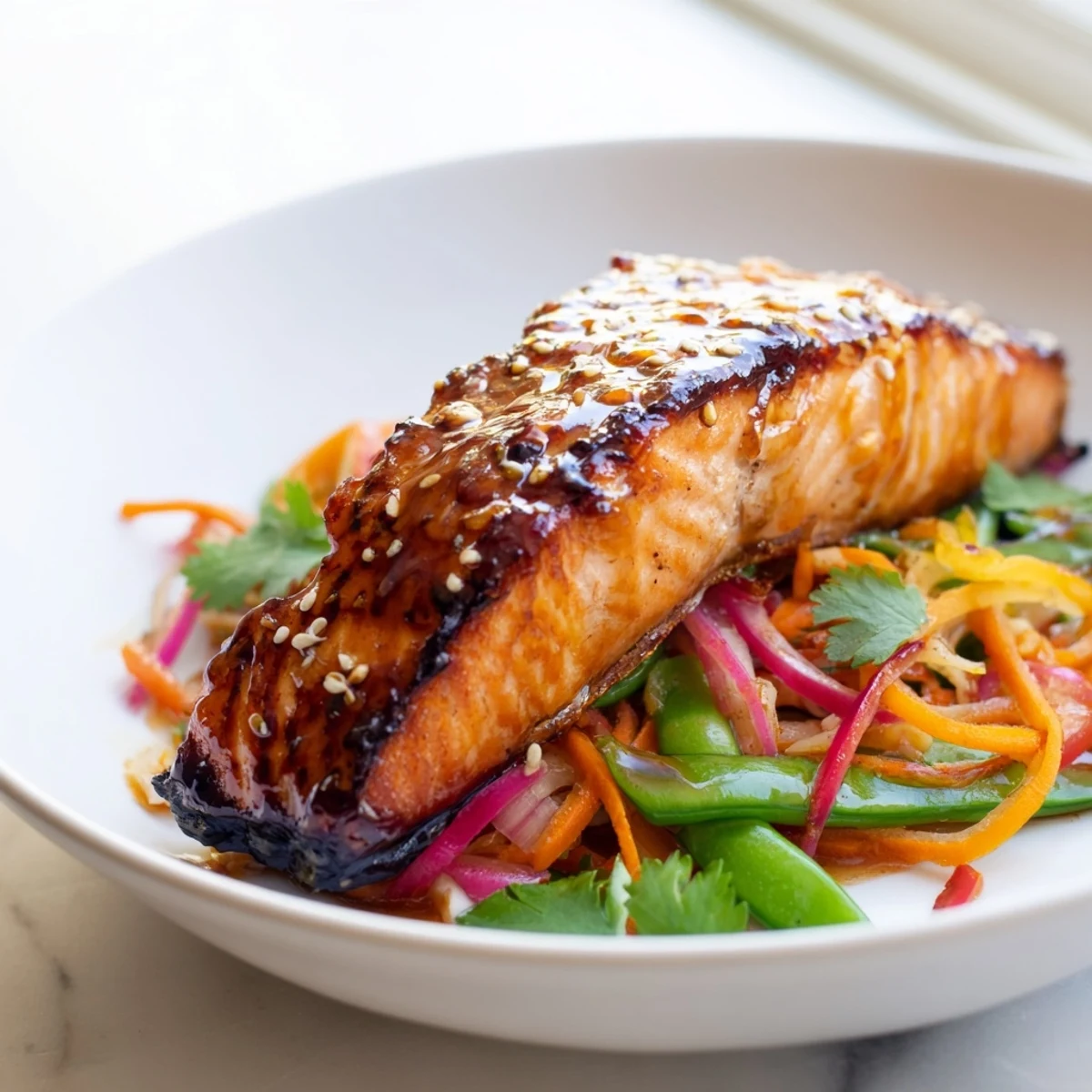 Pan-seared miso maple salmon resting atop crunchy sesame snap pea slaw with sesame seeds