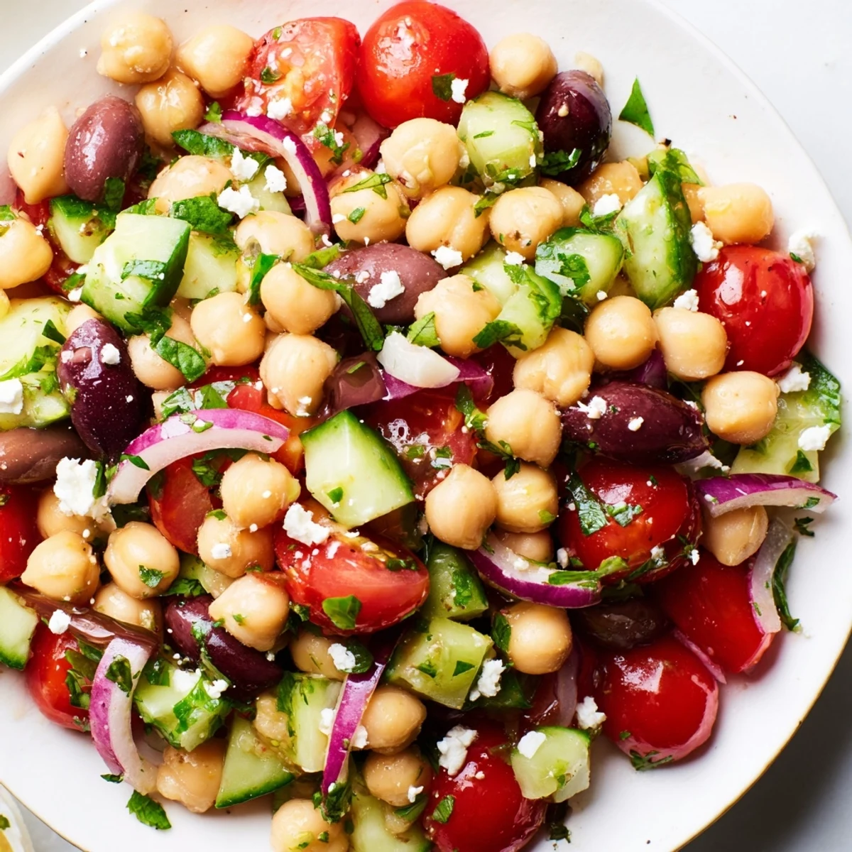 Colorful Mediterranean chickpea salad with juicy tomatoes, crisp cucumber, and fragrant fresh basil leaves