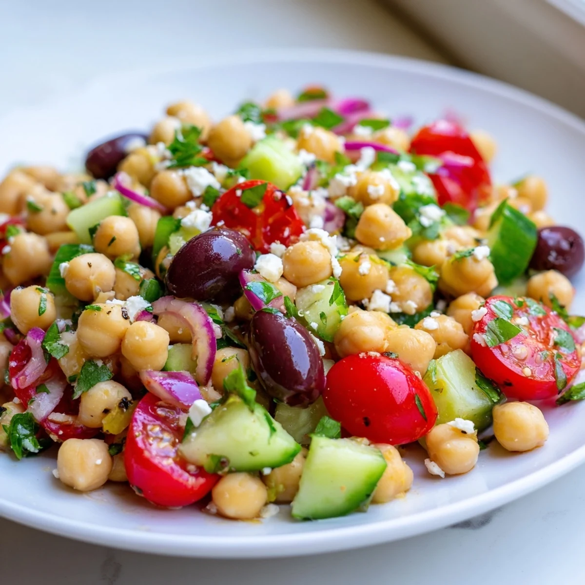 Mediterranean chickpea salad tossed in zesty lemon vinaigrette and served in a rustic bowl