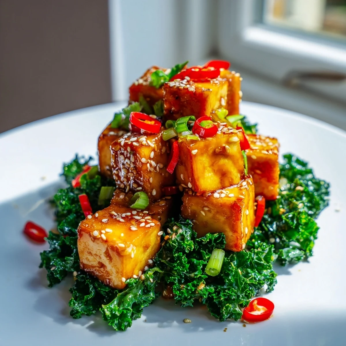 Crispy chili garlic tofu with sesame kale crunch drizzled in spicy glaze