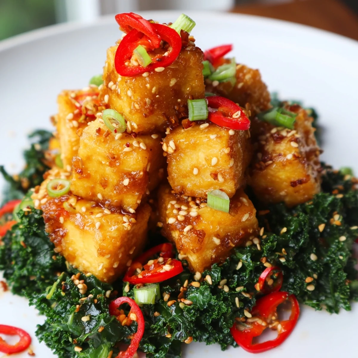 Golden crispy chili garlic tofu with sesame kale crunch on a rustic plate