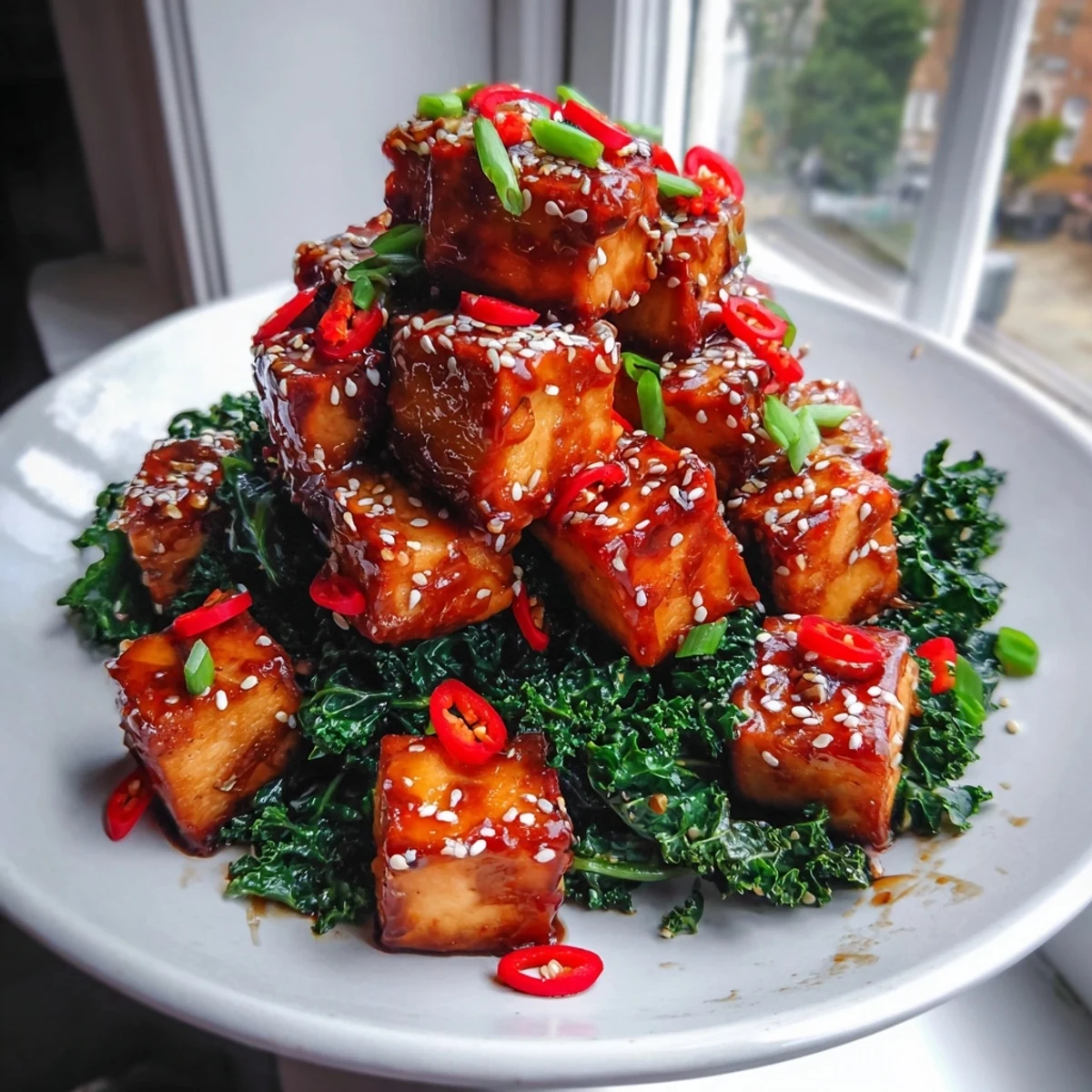 Steaming bowl of crispy chili garlic tofu with sesame kale crunch and scallions