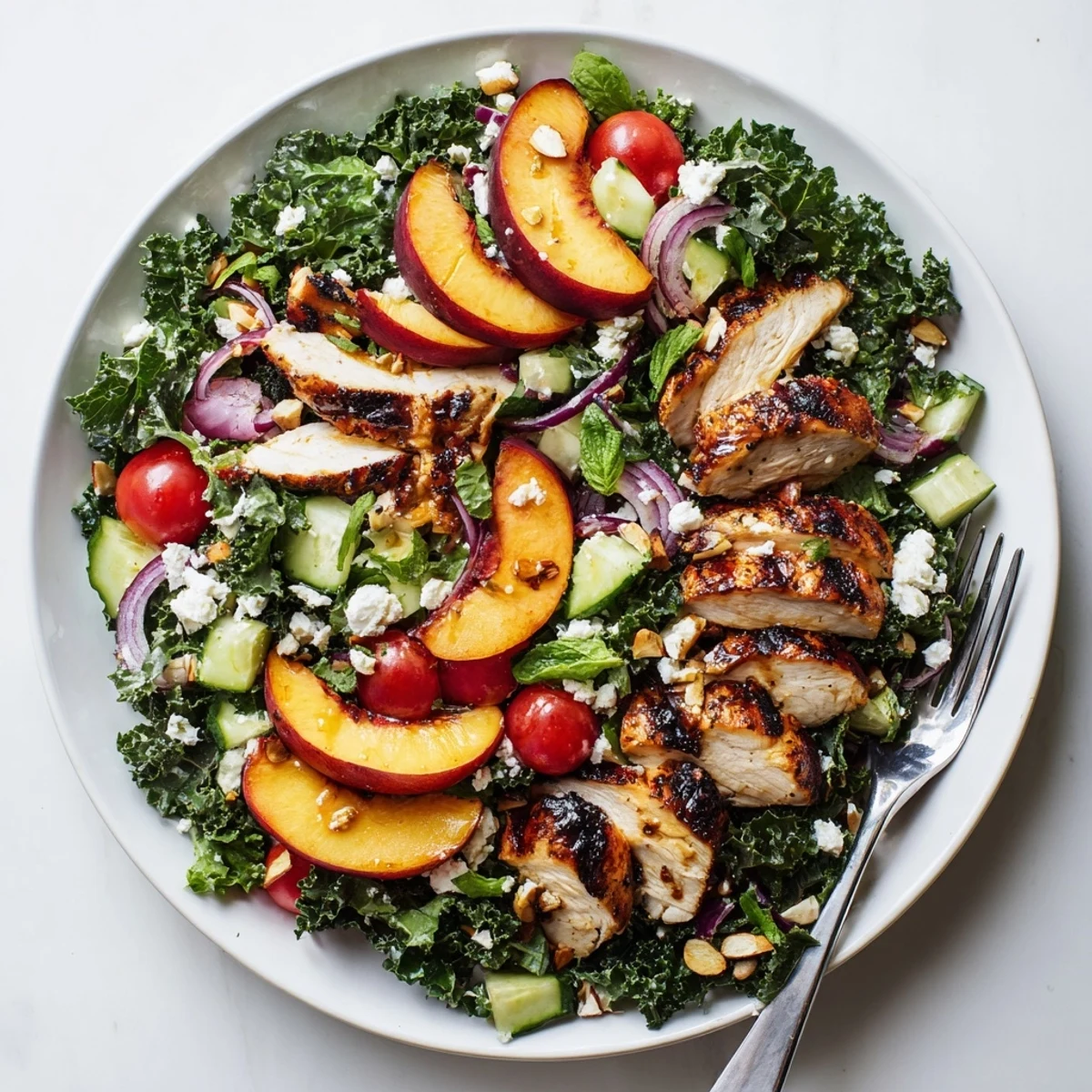 Grilled Nectarine and Kale Chicken Salad topped with charred fruit and crumbled feta on a rustic platter