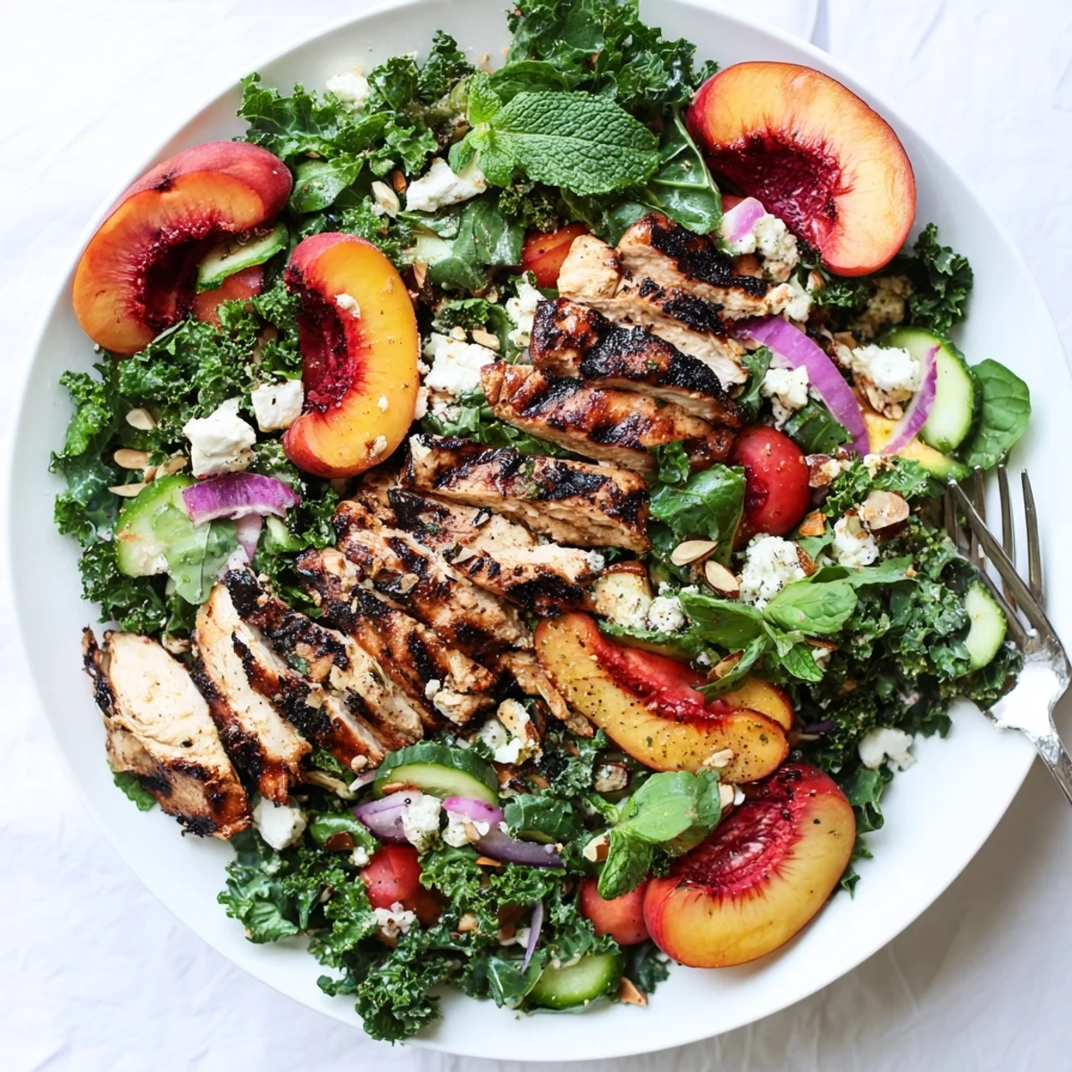 Juicy grilled nectarines and sliced chicken nestled over crisp kale in this vibrant summer salad