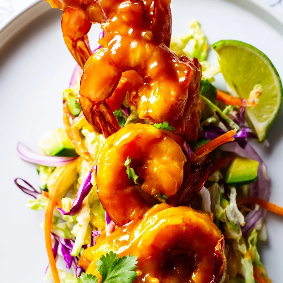 Golden spicy mango shrimp nestled on a bed of vibrant lime avocado crunch slaw
