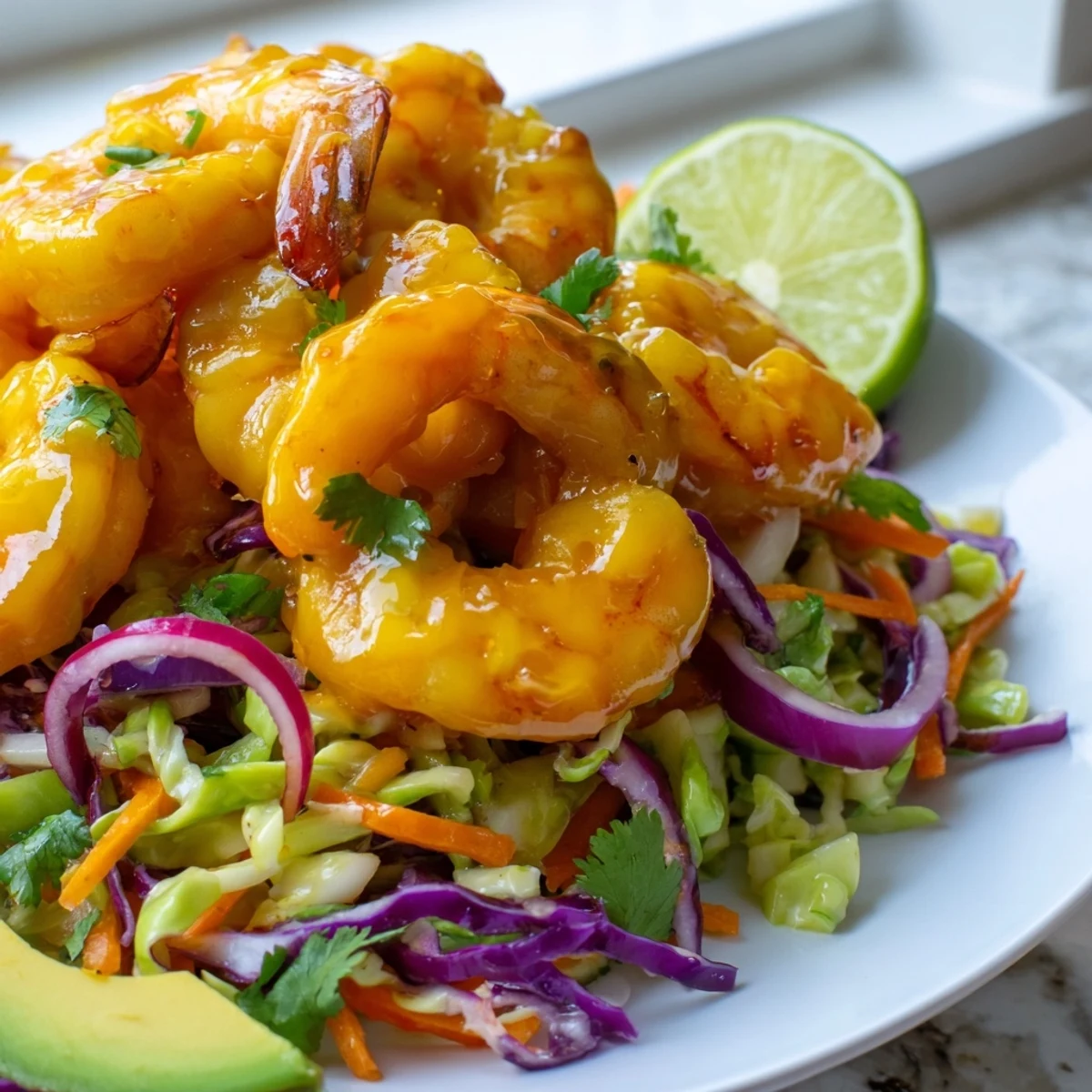 Spicy mango shrimp glistening with sweet chili glaze beside creamy avocado crunch slaw