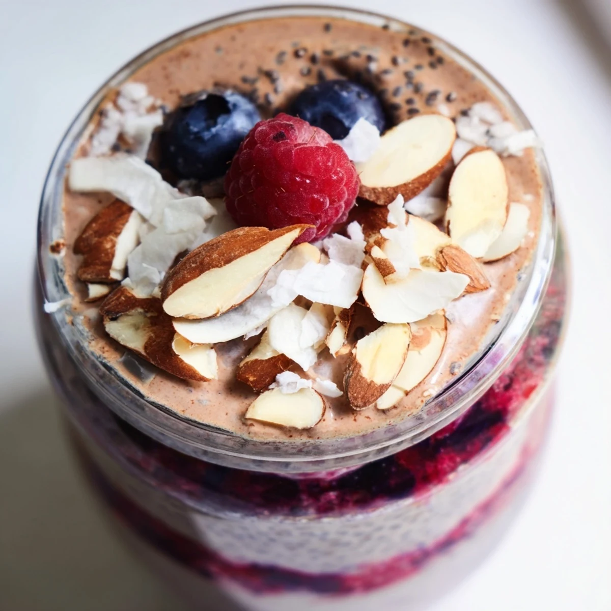 Chocolate Coconut Almond Berry Protein Chia Cream layered in clear jars topped with toasted almonds and fresh berries