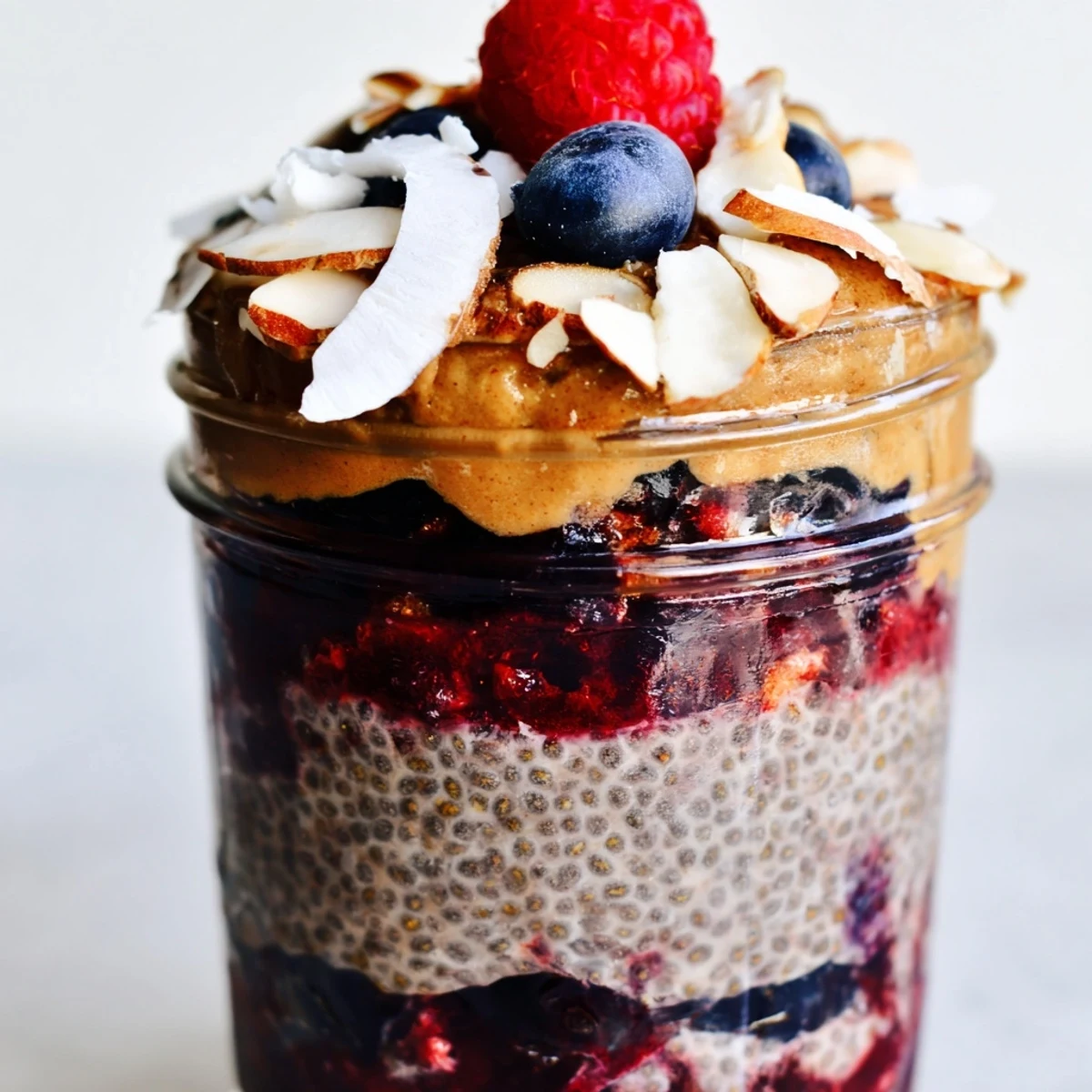 Dark chocolate chia pudding swirled with juicy berries and coconut almond cream in a parfait glass