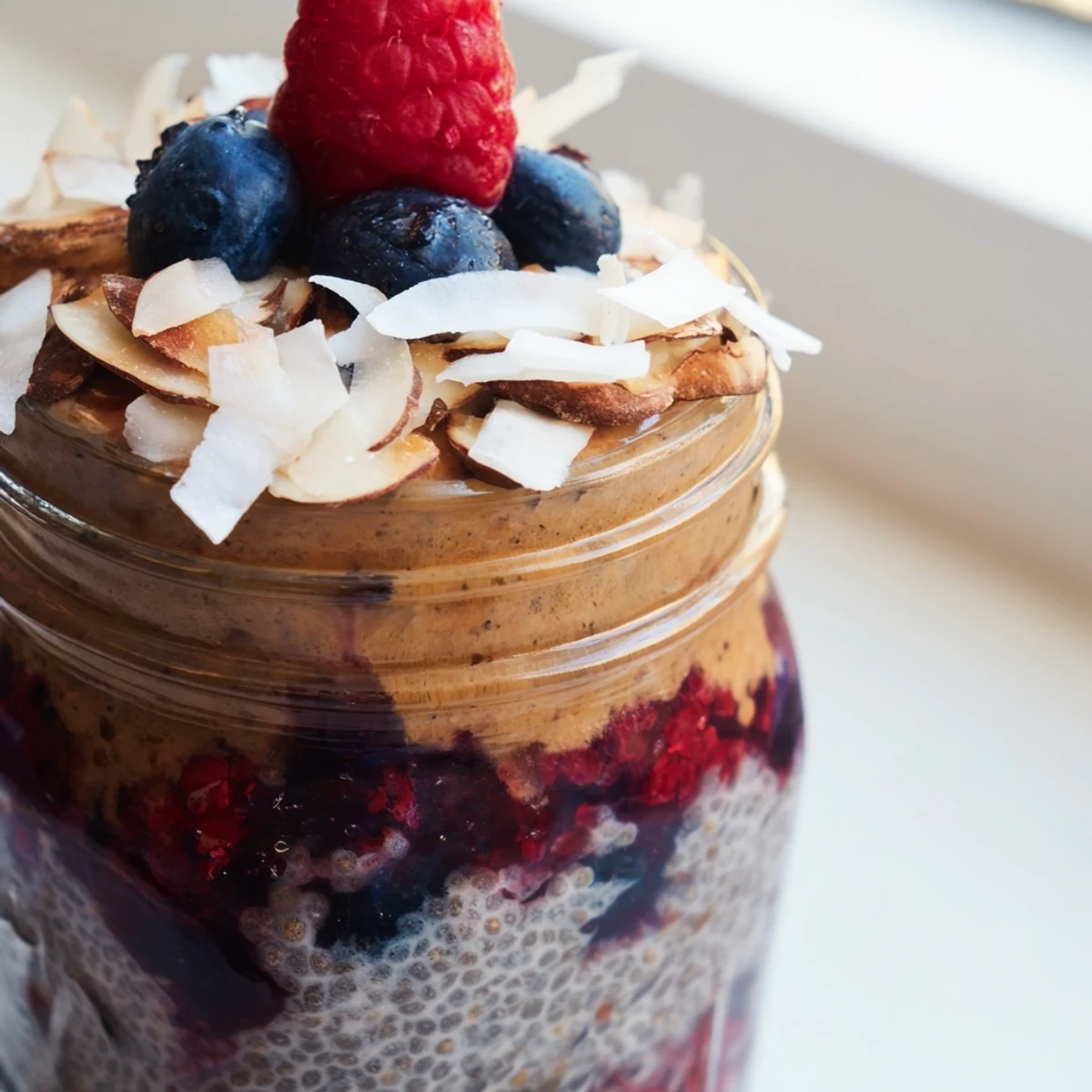 Creamy Chocolate Coconut Almond Berry Protein Chia Cream served in mason jars with shredded coconut and plump raspberries