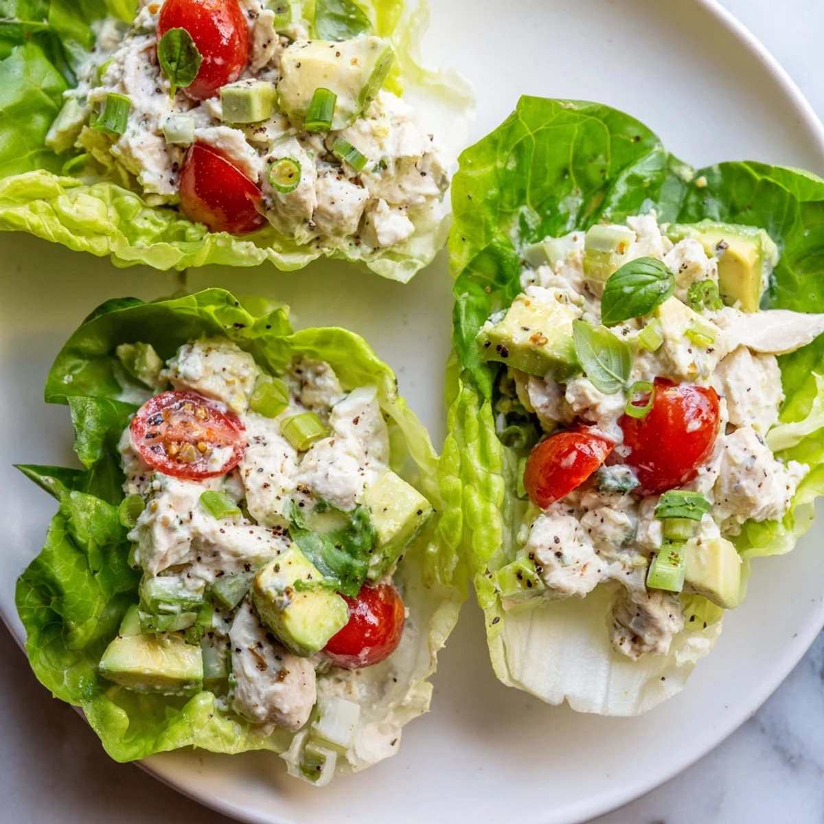 Creamy cottage cheese avocado basil chicken salad cups nestled in crisp butter lettuce leaves