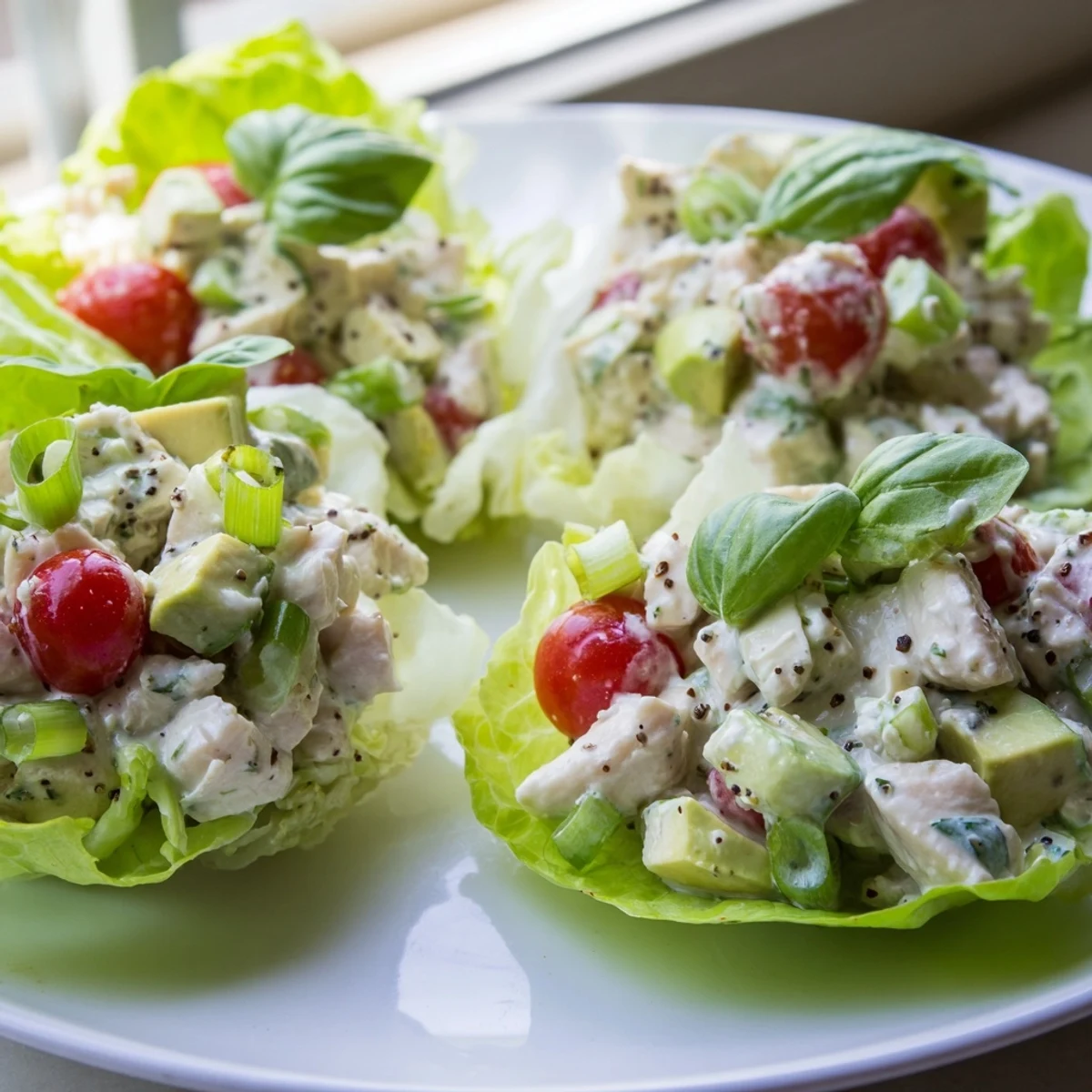 Golden diced chicken and ripe avocado fill these cottage cheese avocado basil chicken salad cups