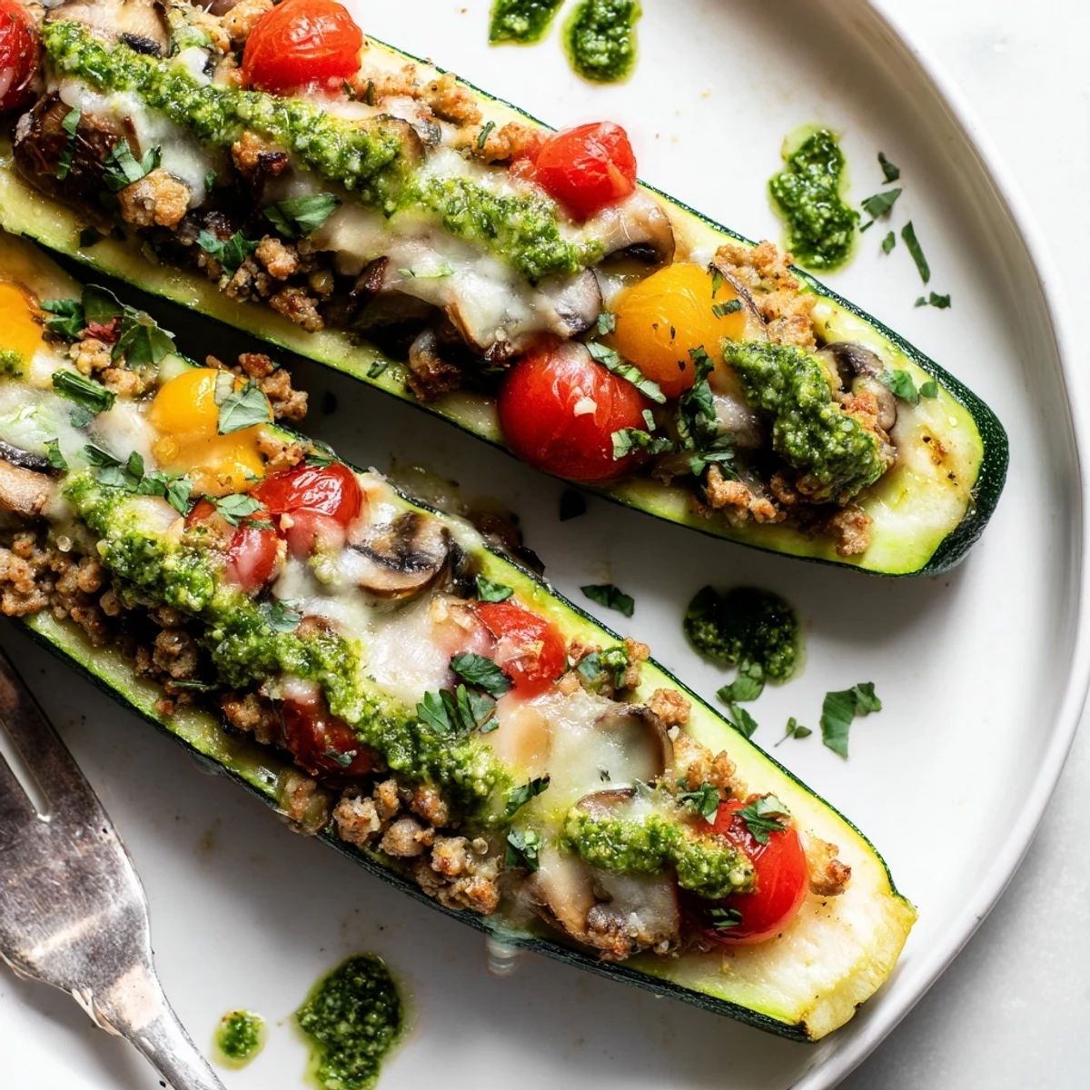 Pesto Turkey Zucchini Boats