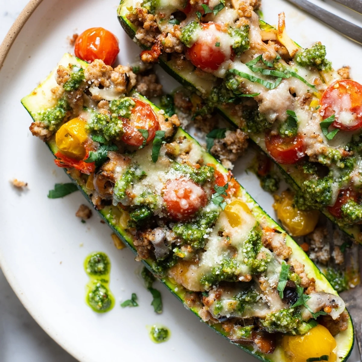 Golden baked pesto turkey zucchini boats with melted mozzarella and fresh basil garnish