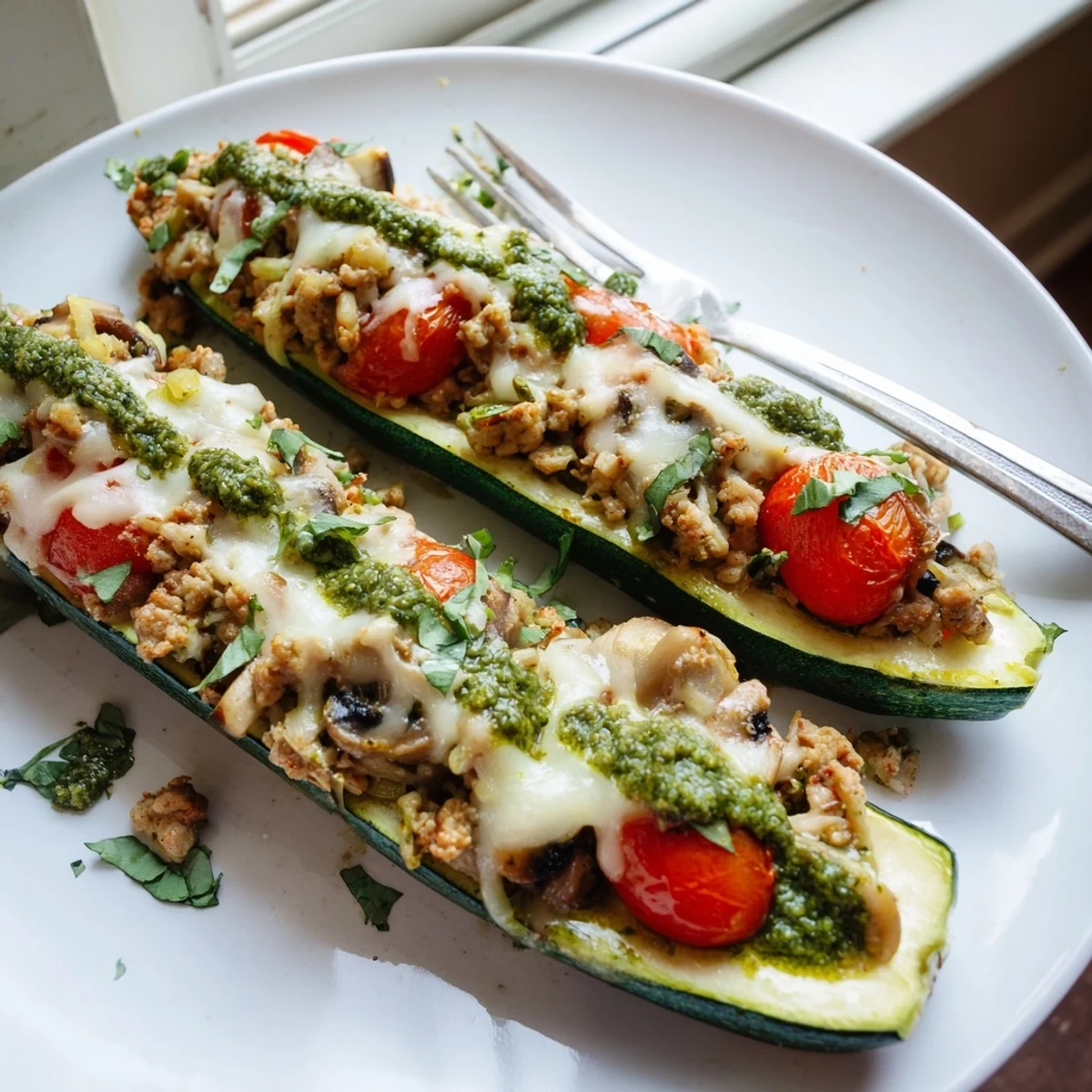 Zucchini halves loaded with savory ground turkey mushrooms pesto and bubbly Parmesan cheese