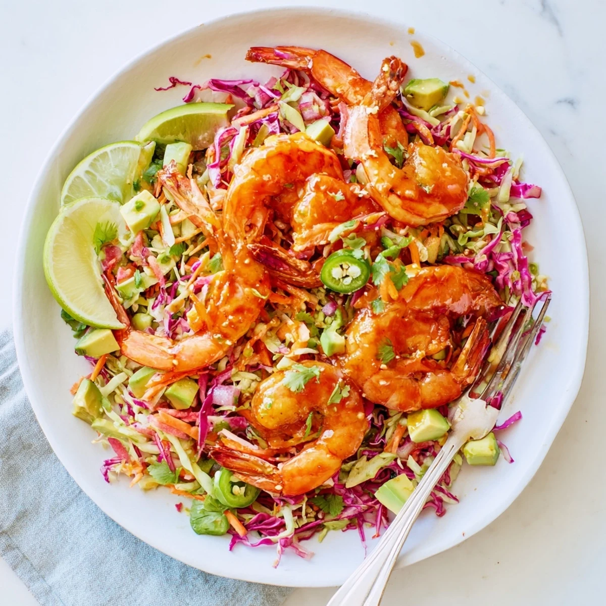 Spicy pineapple shrimp glazed golden and piled over creamy avocado lime crunch slaw